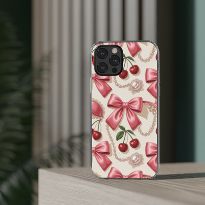 Phone Cases - Coquette Aesthetic Pattern with Pink Satin Bows, Pearls, and Cherries