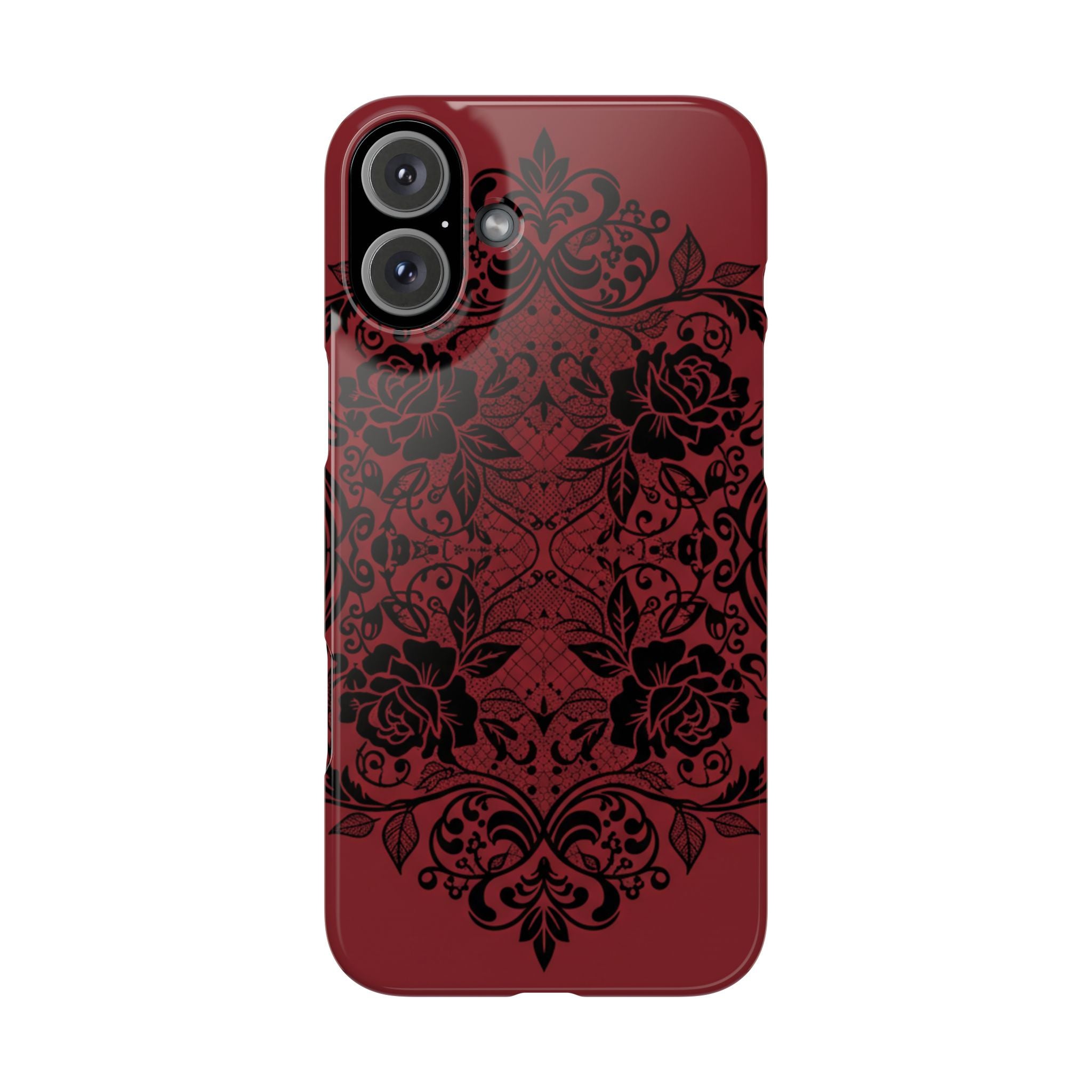 Gothic Lace Phone Case — Intricate Black Lace Over Deep Blood Red