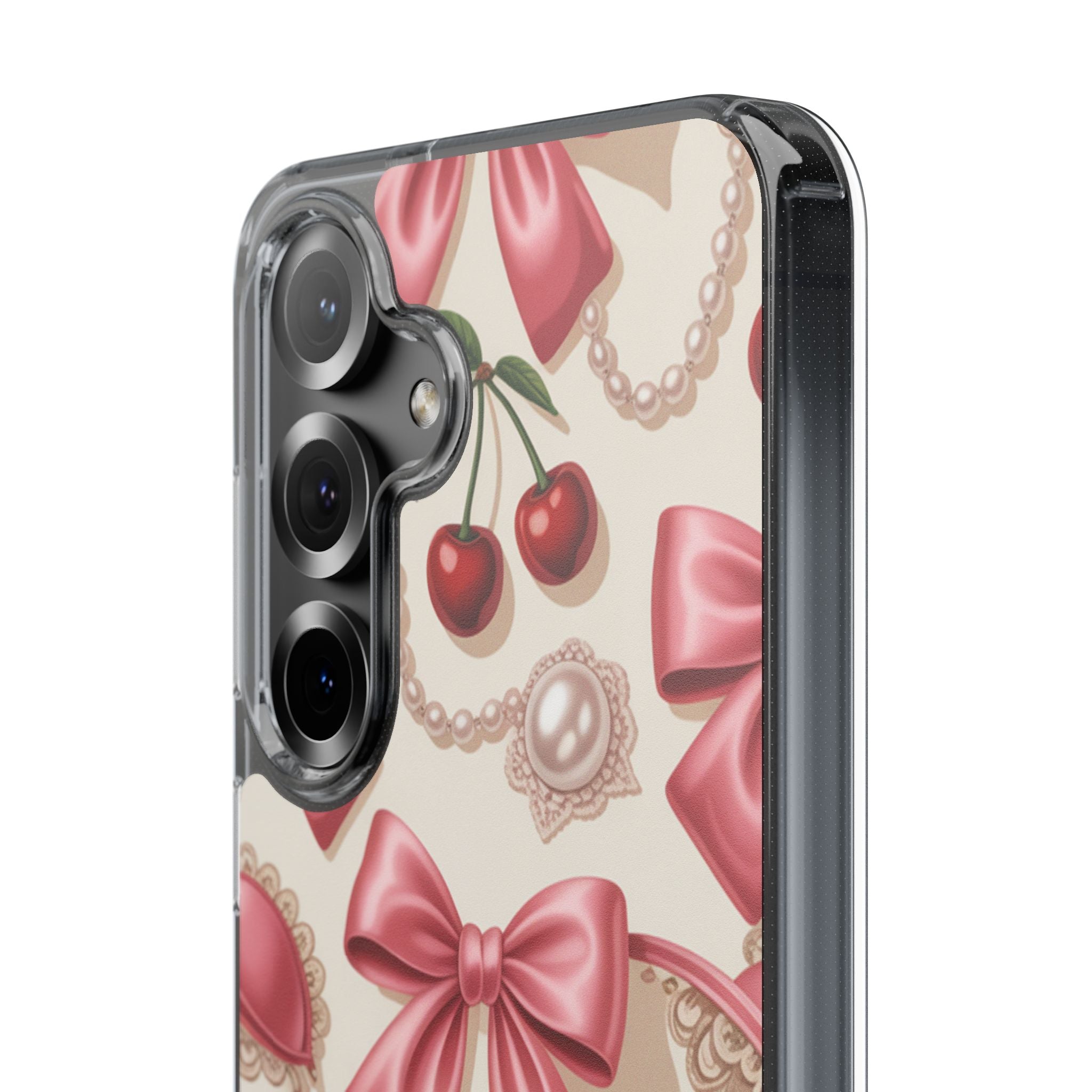 Phone Cases - Coquette Aesthetic Pattern with Pink Satin Bows, Pearls, and Cherries