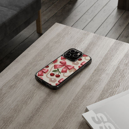 Phone Cases - Coquette Aesthetic Pattern with Pink Satin Bows, Pearls, and Cherries