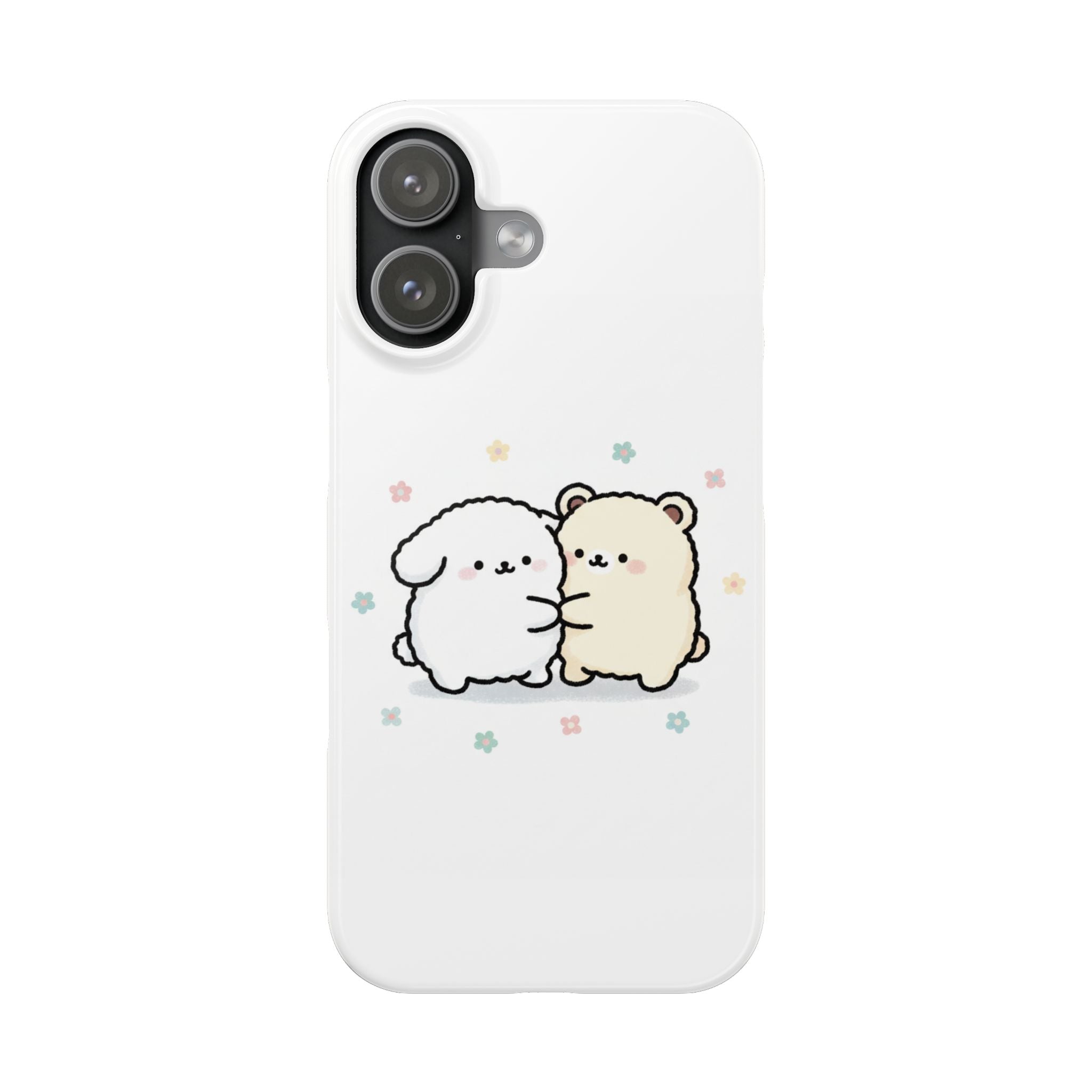 Kawaii Puppy & Bear Hug Slim Phone Case — Pastel Floral Cute Cozy Design