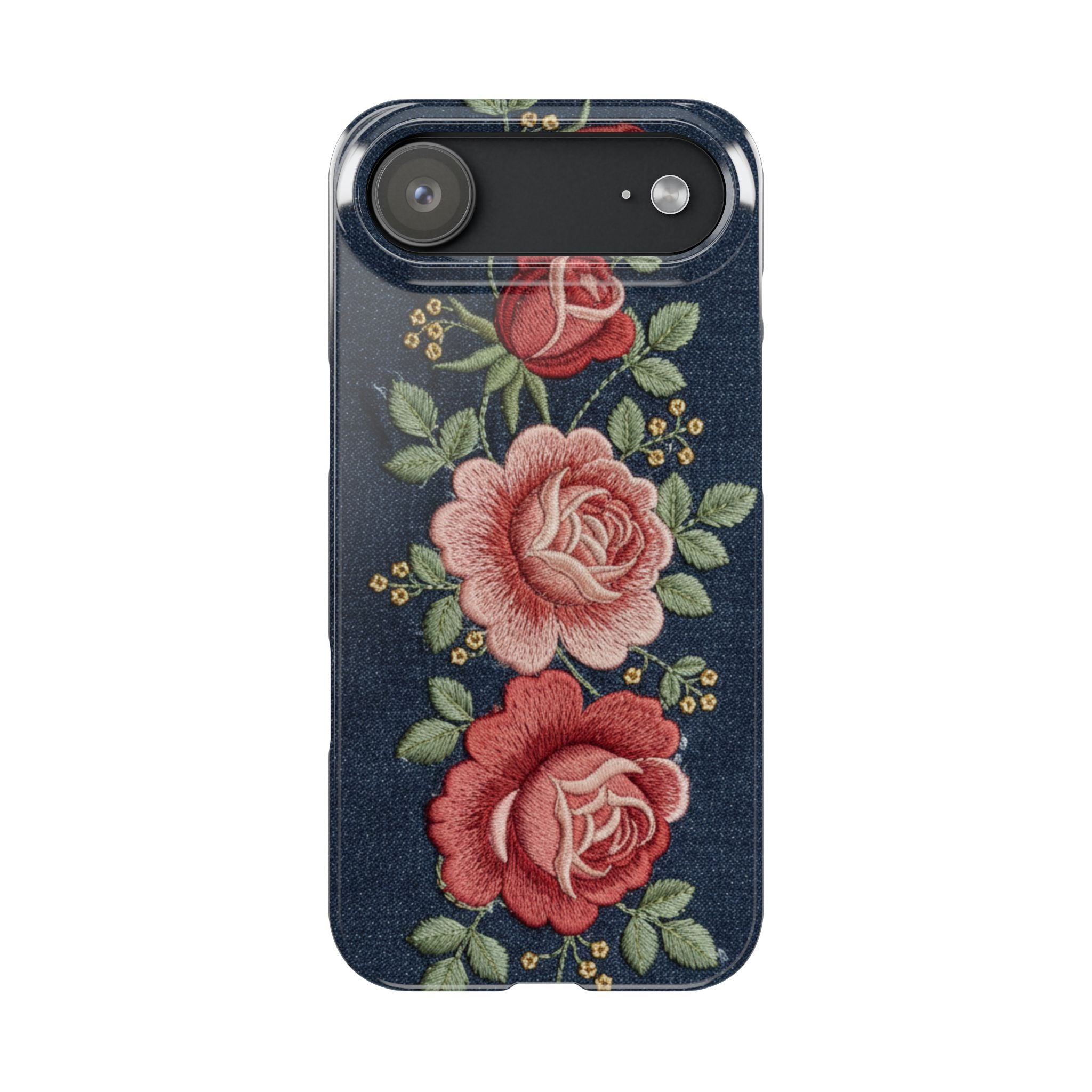 Denim Floral Embroidered Slim Phone Case — Stitched Roses & Vines