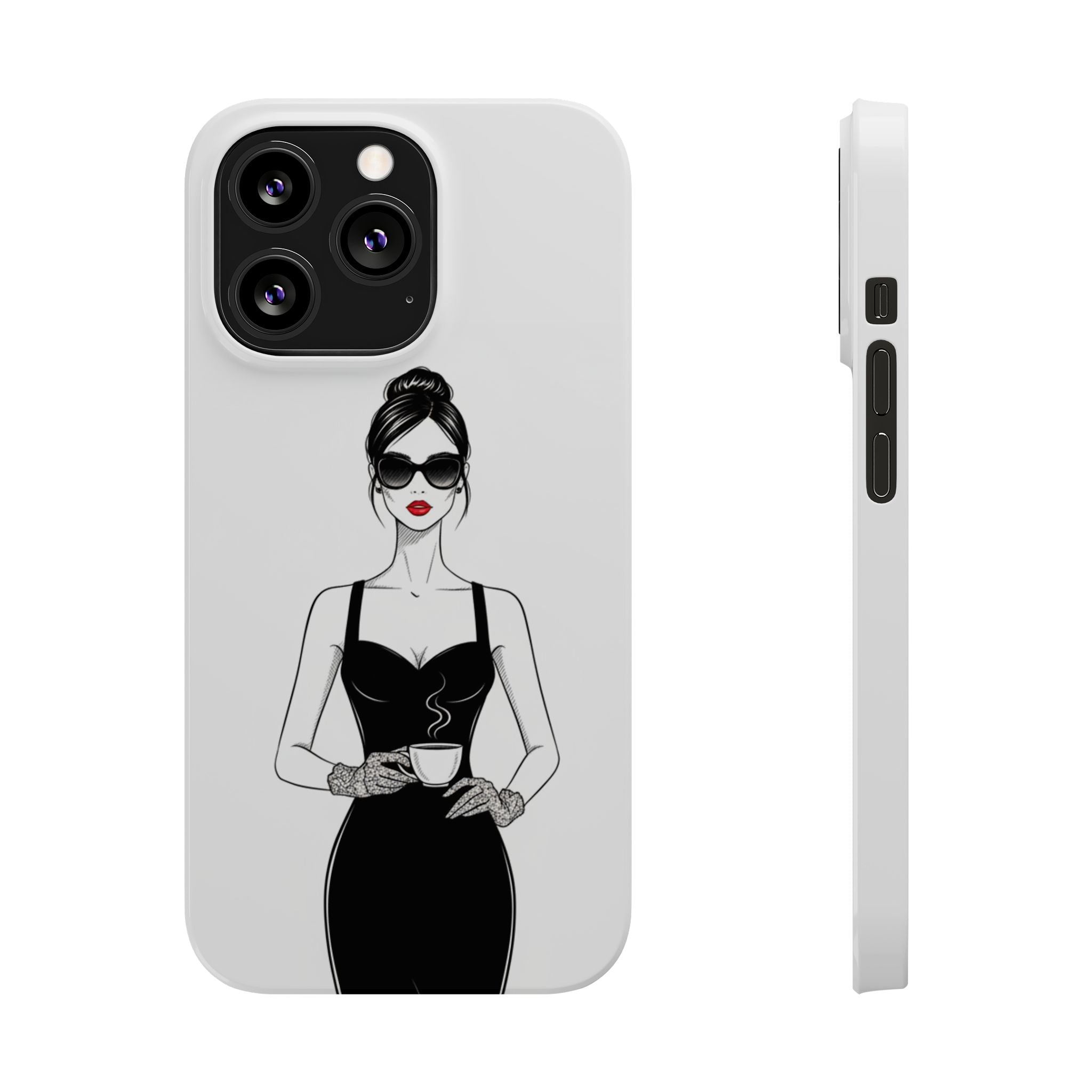 Chic High-Fashion Slim Phone Case — Black Dress Illustration with Red Lip Accent