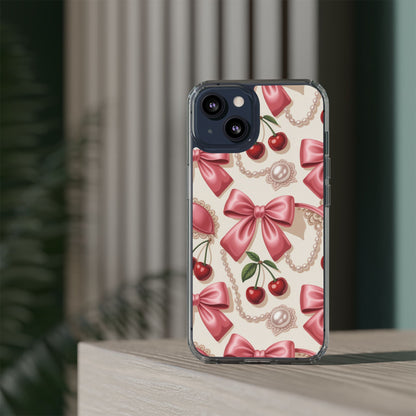 Phone Cases - Coquette Aesthetic Pattern with Pink Satin Bows, Pearls, and Cherries