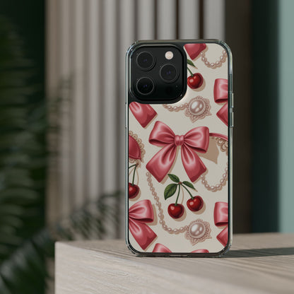 Phone Cases - Coquette Aesthetic Pattern with Pink Satin Bows, Pearls, and Cherries