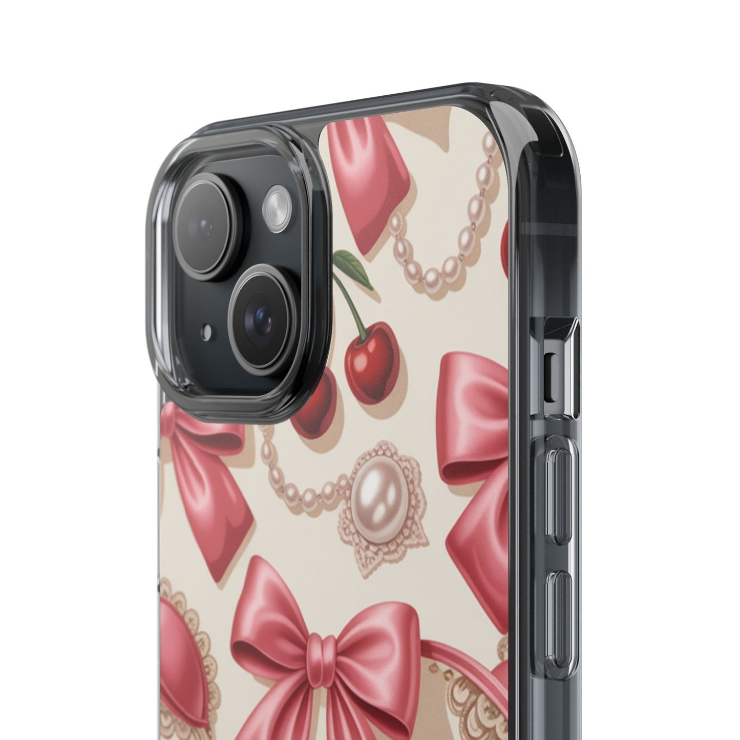 Phone Cases - Coquette Aesthetic Pattern with Pink Satin Bows, Pearls, and Cherries