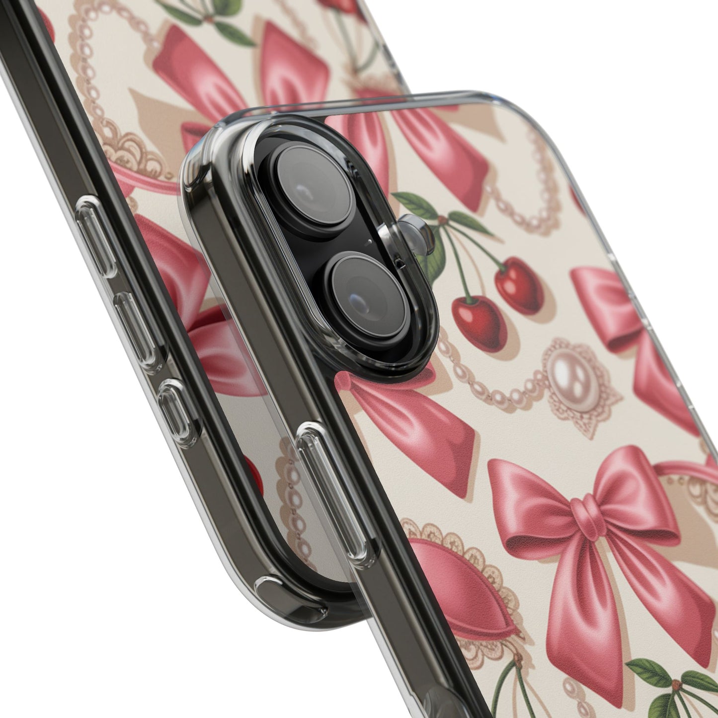 Phone Cases - Coquette Aesthetic Pattern with Pink Satin Bows, Pearls, and Cherries