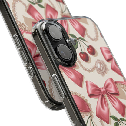 Phone Cases - Coquette Aesthetic Pattern with Pink Satin Bows, Pearls, and Cherries