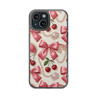 Phone Cases - Coquette Aesthetic Pattern with Pink Satin Bows, Pearls, and Cherries