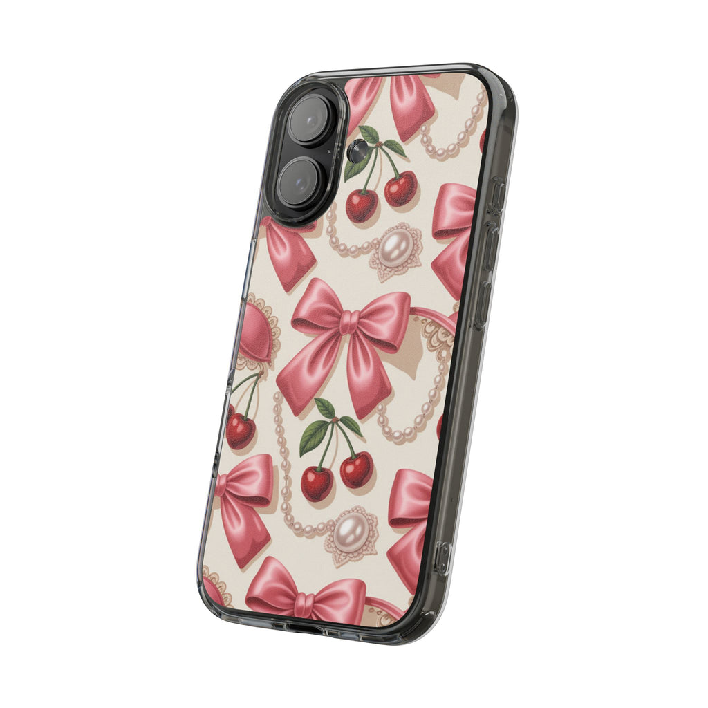 Phone Cases - Coquette Aesthetic Pattern with Pink Satin Bows, Pearls, and Cherries