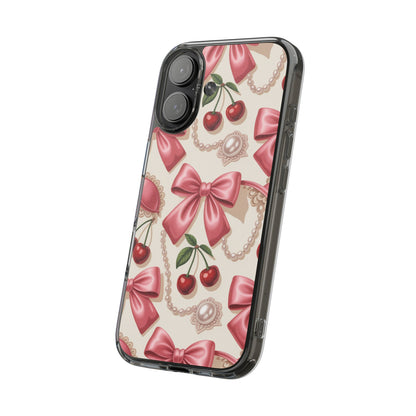 Phone Cases - Coquette Aesthetic Pattern with Pink Satin Bows, Pearls, and Cherries