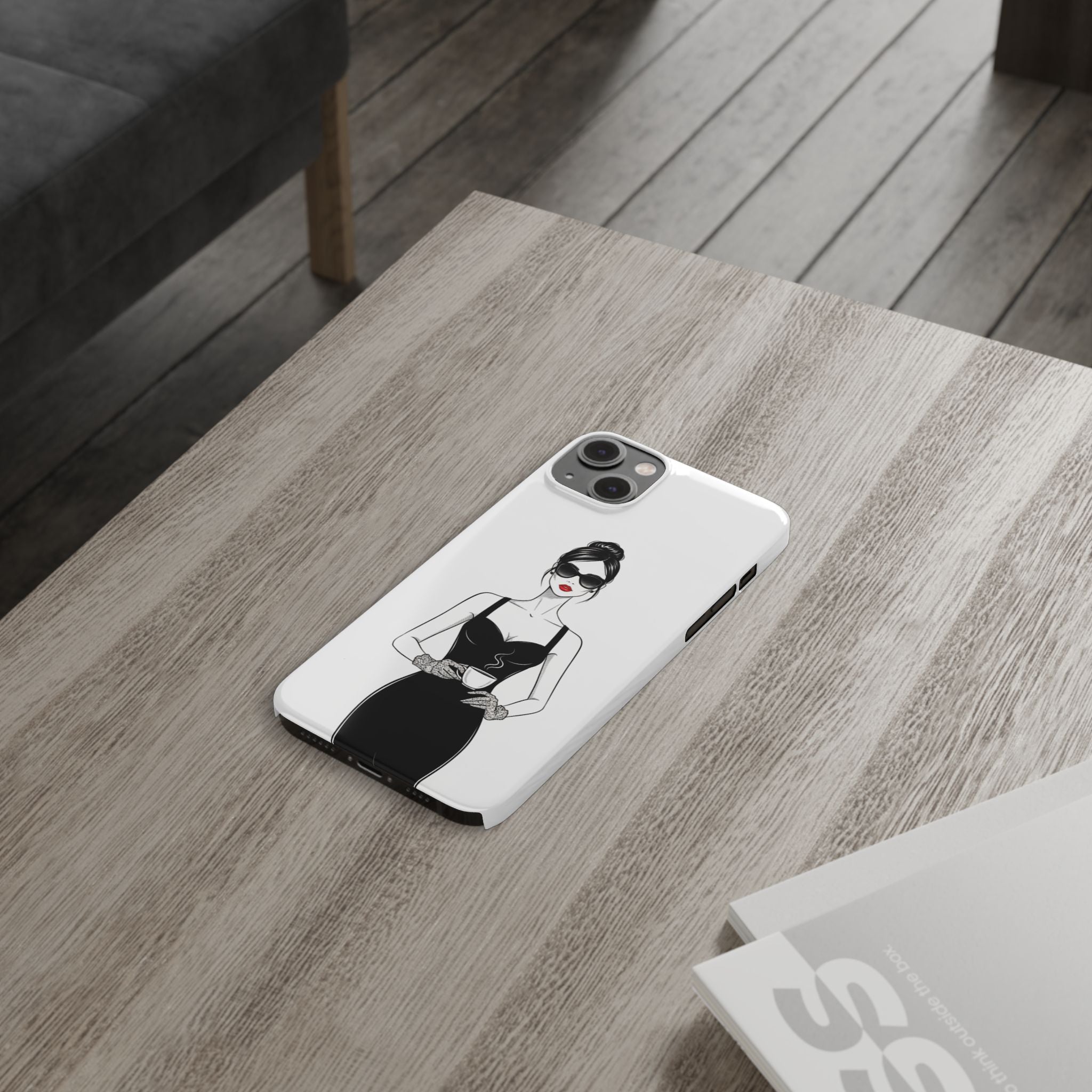 Chic High-Fashion Slim Phone Case — Black Dress Illustration with Red Lip Accent