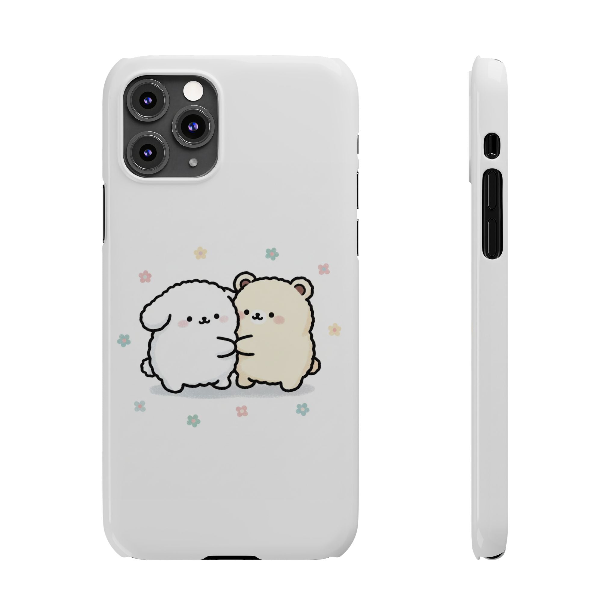 Kawaii Puppy & Bear Hug Slim Phone Case — Pastel Floral Cute Cozy Design