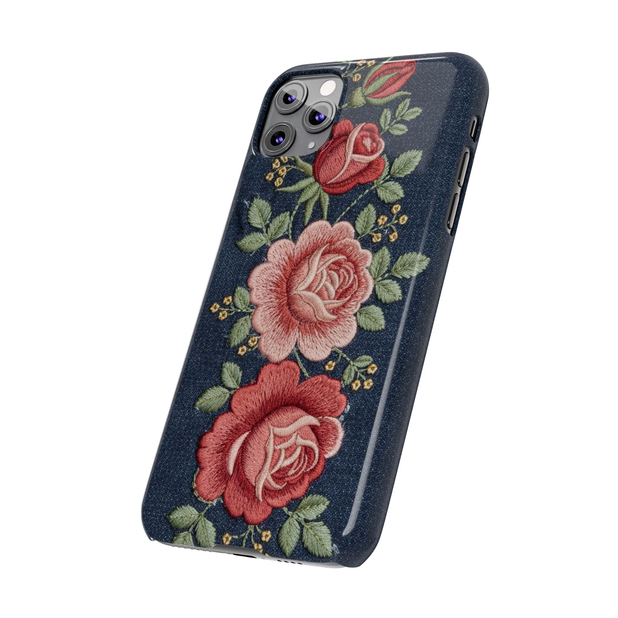 Denim Floral Embroidered Slim Phone Case — Stitched Roses & Vines