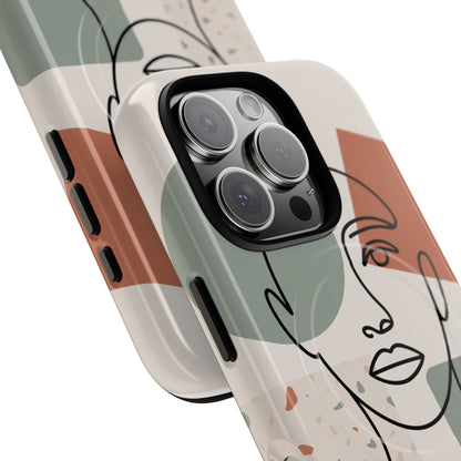 Phone Case - Minimalist Abstract Art Face Design - Sage Green and Terracotta Colors