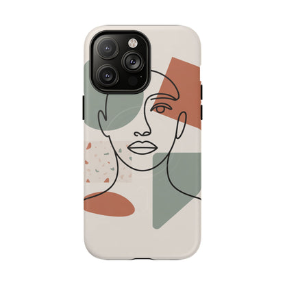 Phone Case - Minimalist Abstract Art Face Design - Sage Green and Terracotta Colors