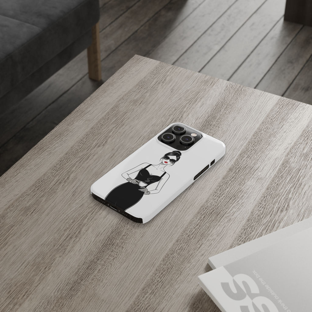 Chic High-Fashion Slim Phone Case — Black Dress Illustration with Red Lip Accent