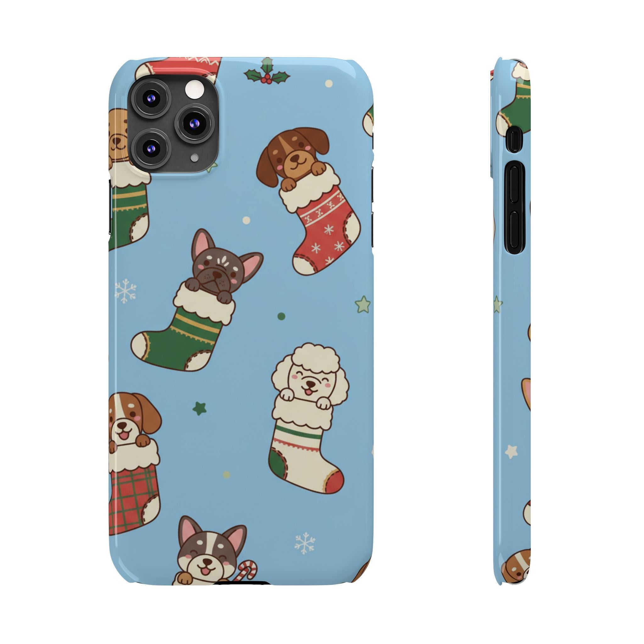 Dog Breeds Christmas Stocking Phone Case — Cute Puppy Pattern on Light Blue