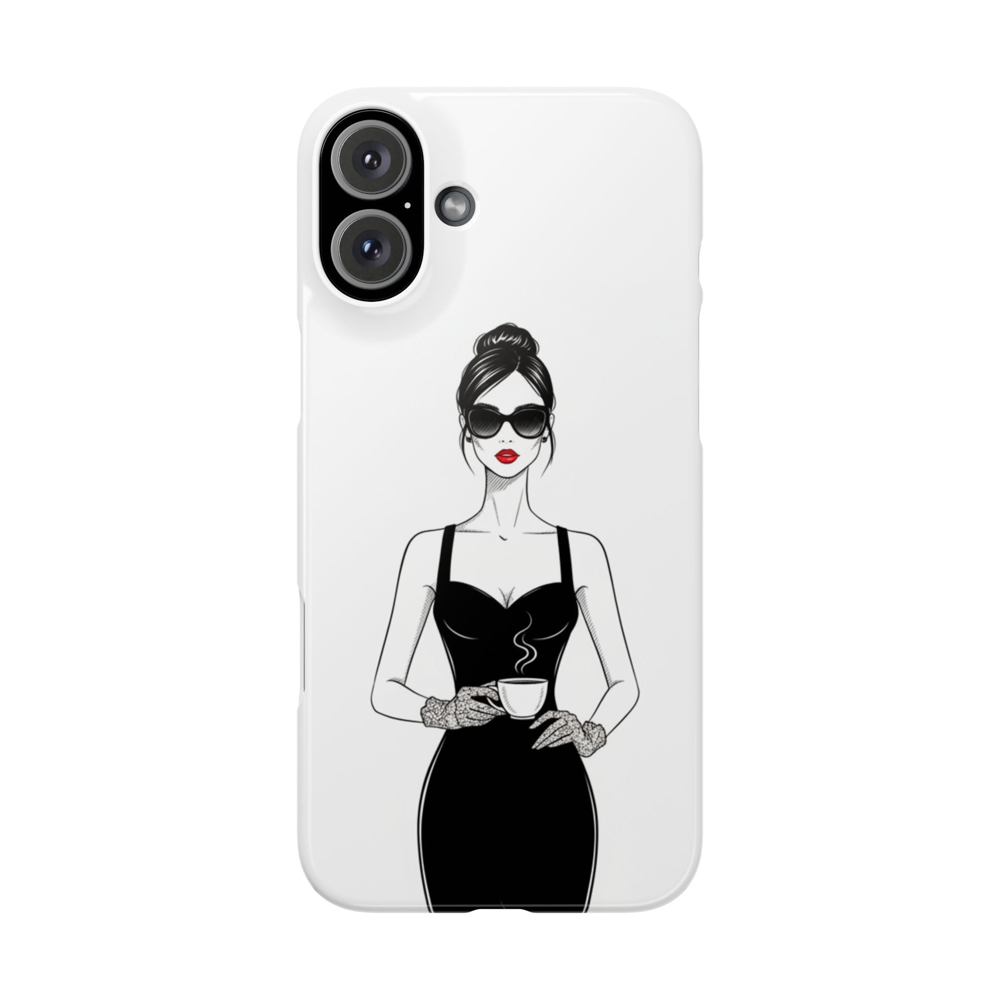 Chic High-Fashion Slim Phone Case — Black Dress Illustration with Red Lip Accent