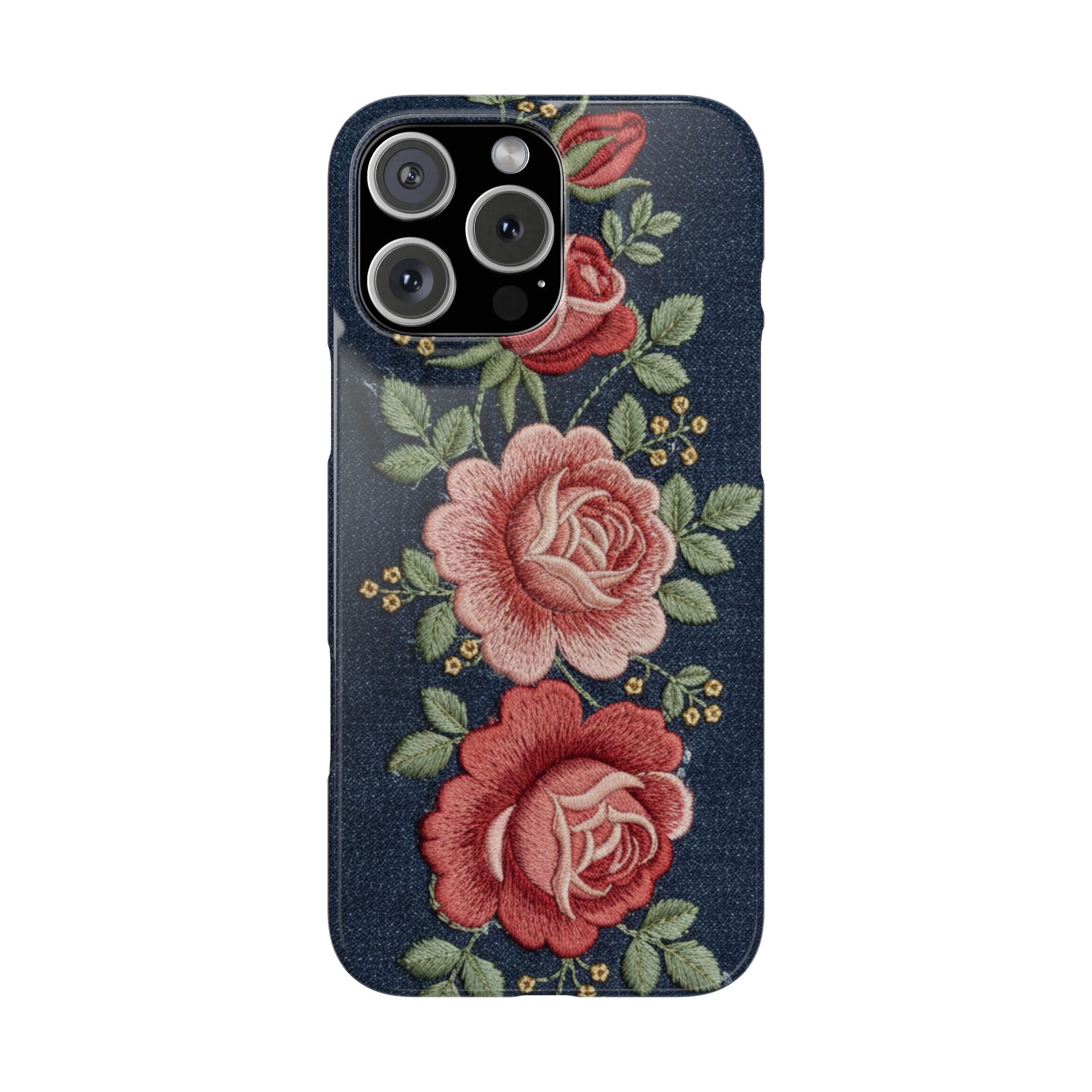 Denim Floral Embroidered Slim Phone Case — Stitched Roses & Vines
