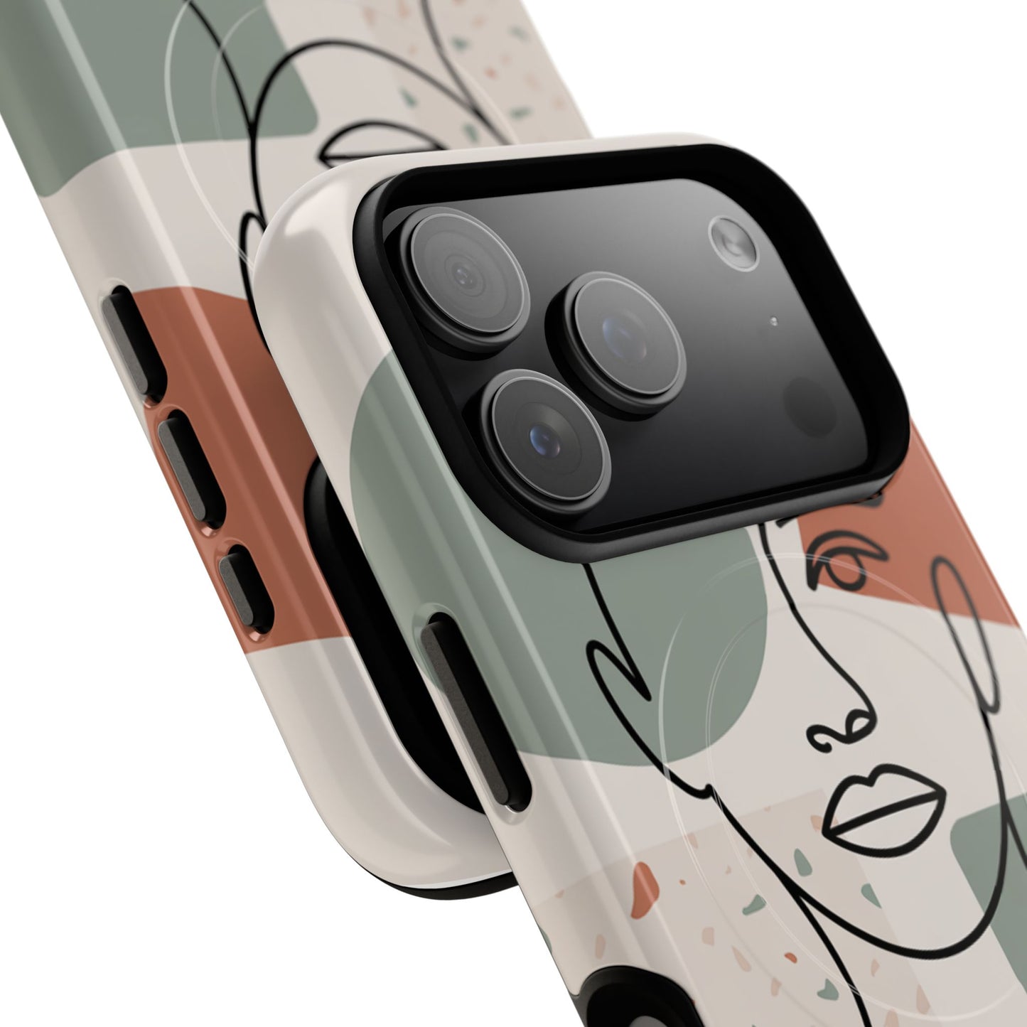 Phone Case - Minimalist Abstract Art Face Design - Sage Green and Terracotta Colors