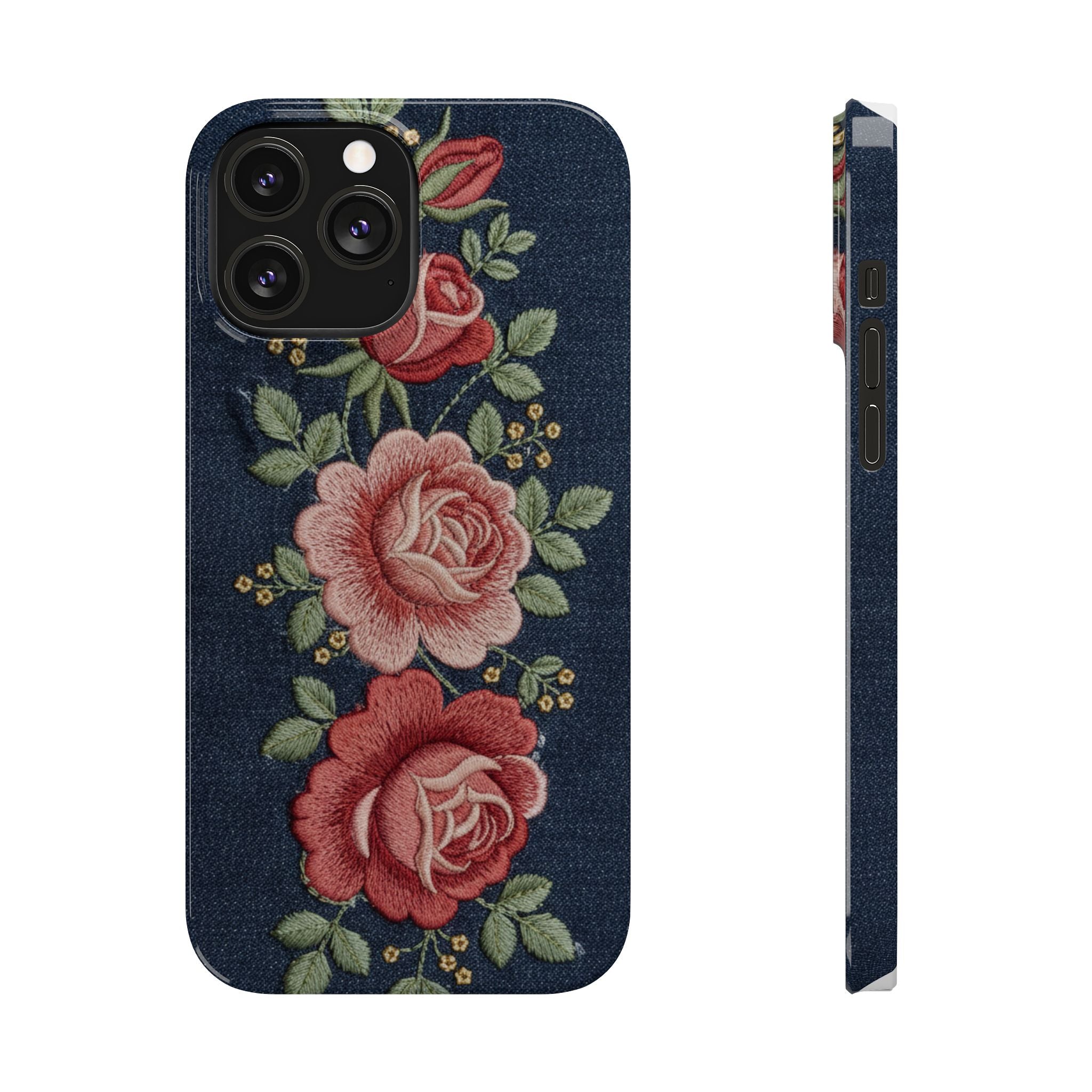 Denim Floral Embroidered Slim Phone Case — Stitched Roses & Vines