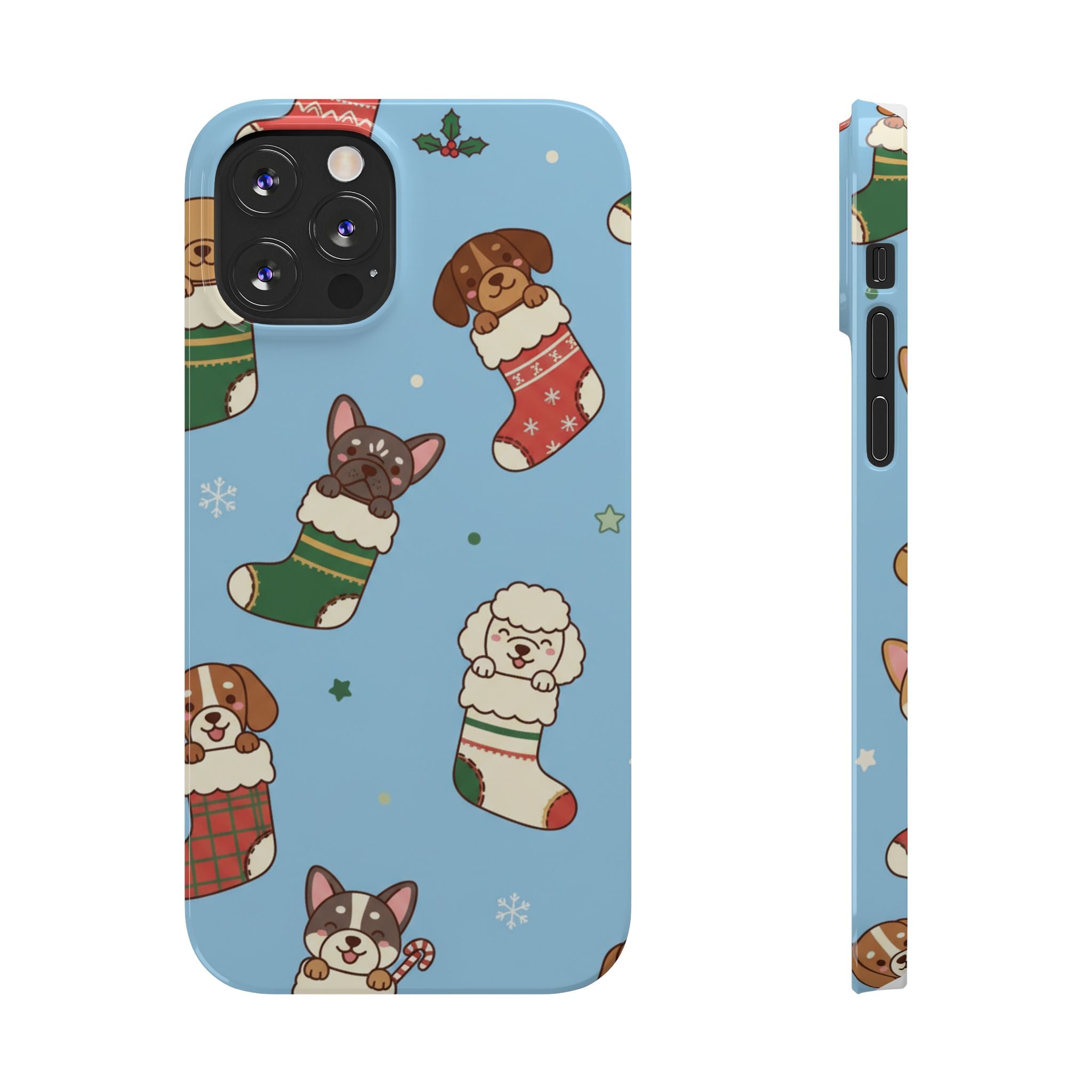 Dog Breeds Christmas Stocking Phone Case — Cute Puppy Pattern on Light Blue