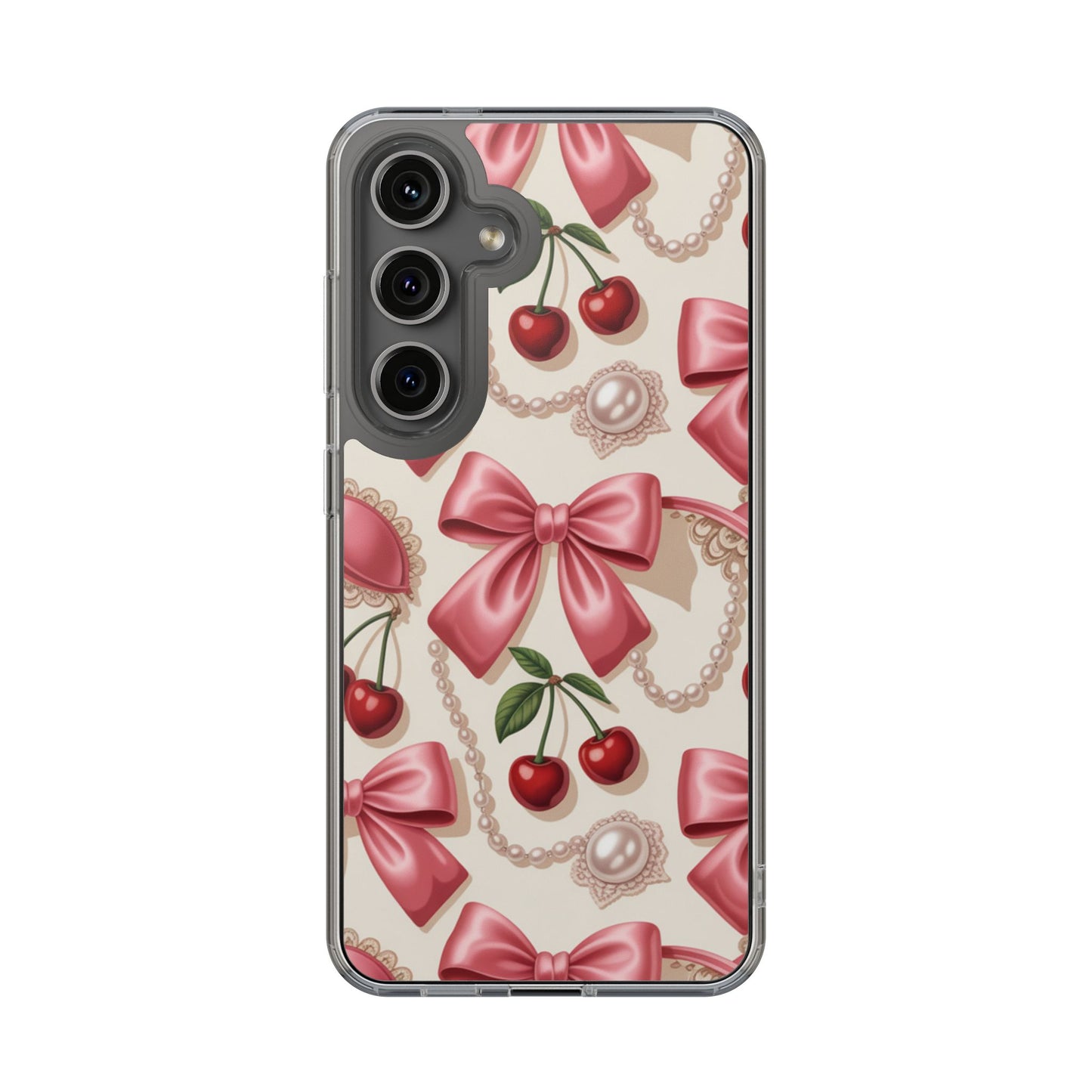Phone Cases - Coquette Aesthetic Pattern with Pink Satin Bows, Pearls, and Cherries