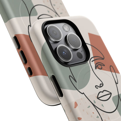 Phone Case - Minimalist Abstract Art Face Design - Sage Green and Terracotta Colors