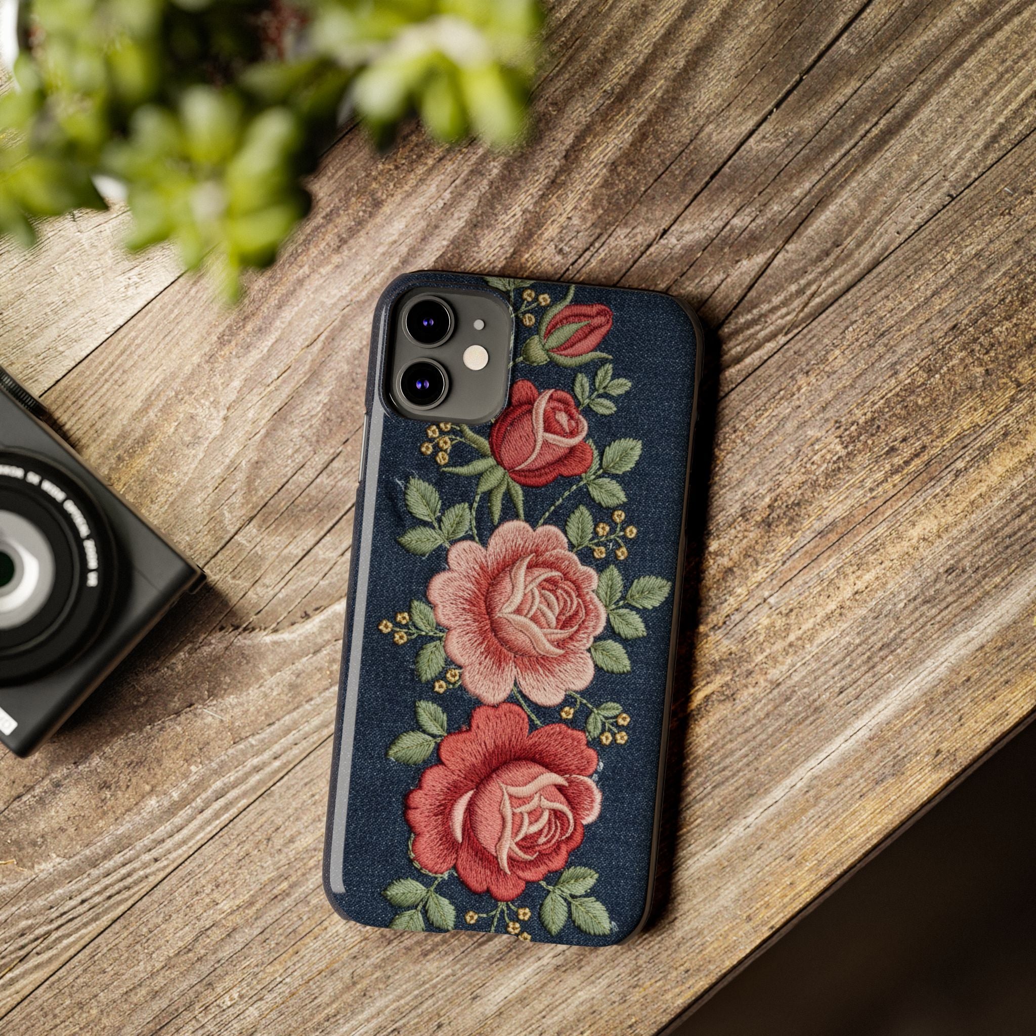 Denim Floral Embroidered Slim Phone Case — Stitched Roses & Vines
