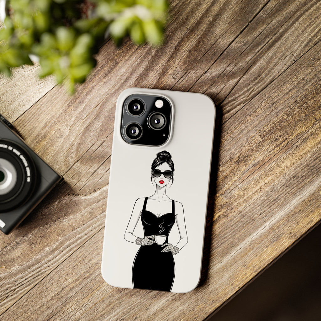 Chic High-Fashion Slim Phone Case — Black Dress Illustration with Red Lip Accent