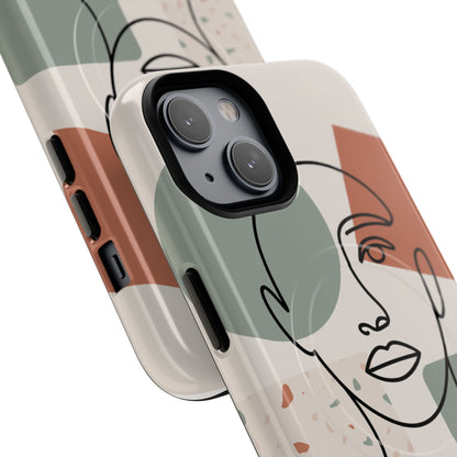 Phone Case - Minimalist Abstract Art Face Design - Sage Green and Terracotta Colors
