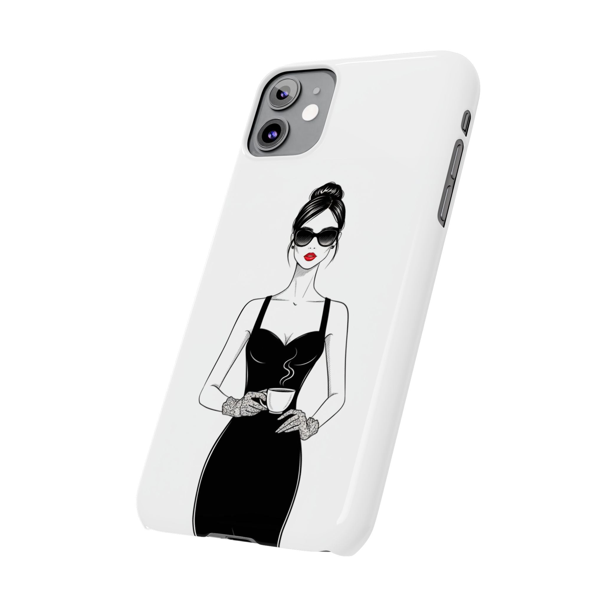 Chic High-Fashion Slim Phone Case — Black Dress Illustration with Red Lip Accent