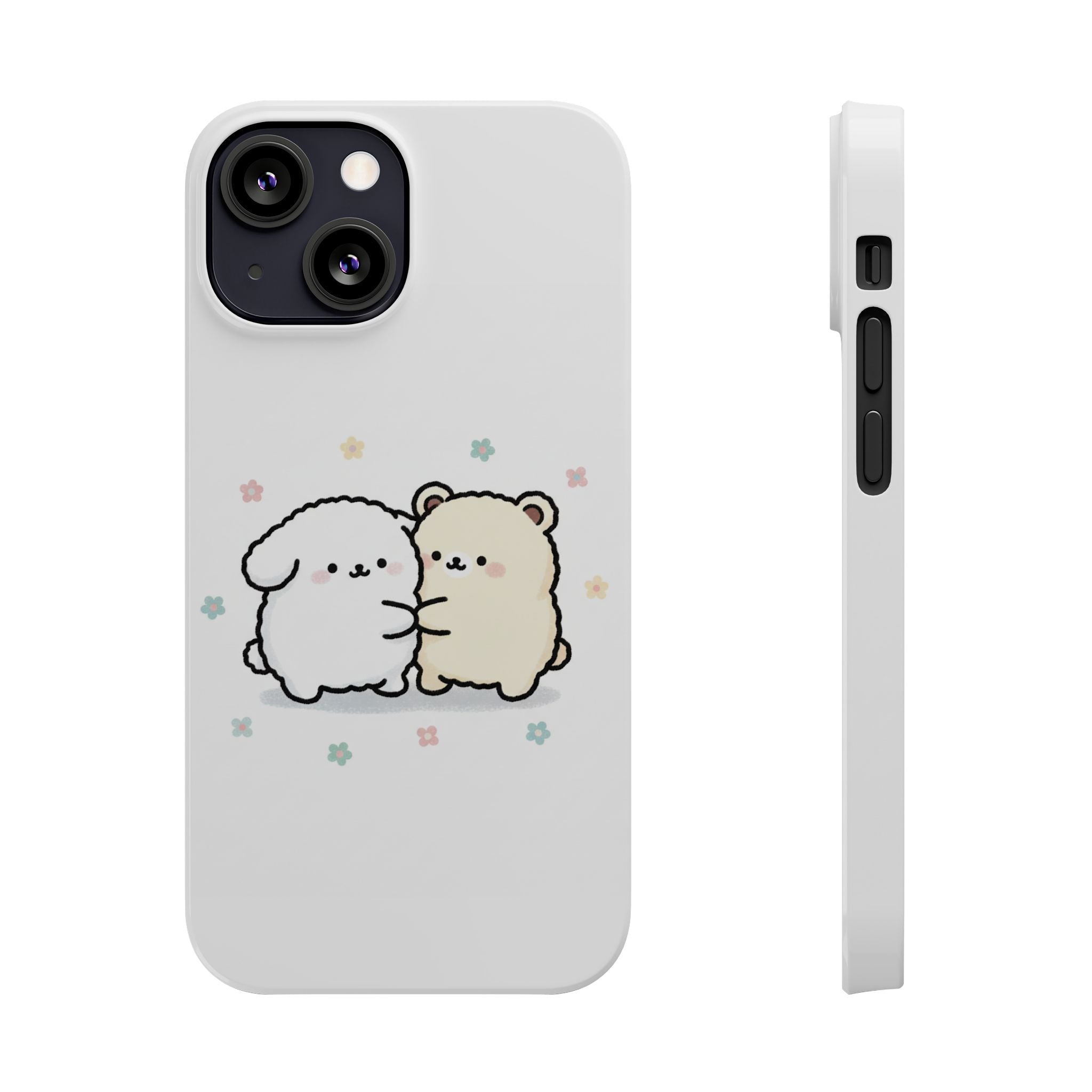 Kawaii Puppy & Bear Hug Slim Phone Case — Pastel Floral Cute Cozy Design