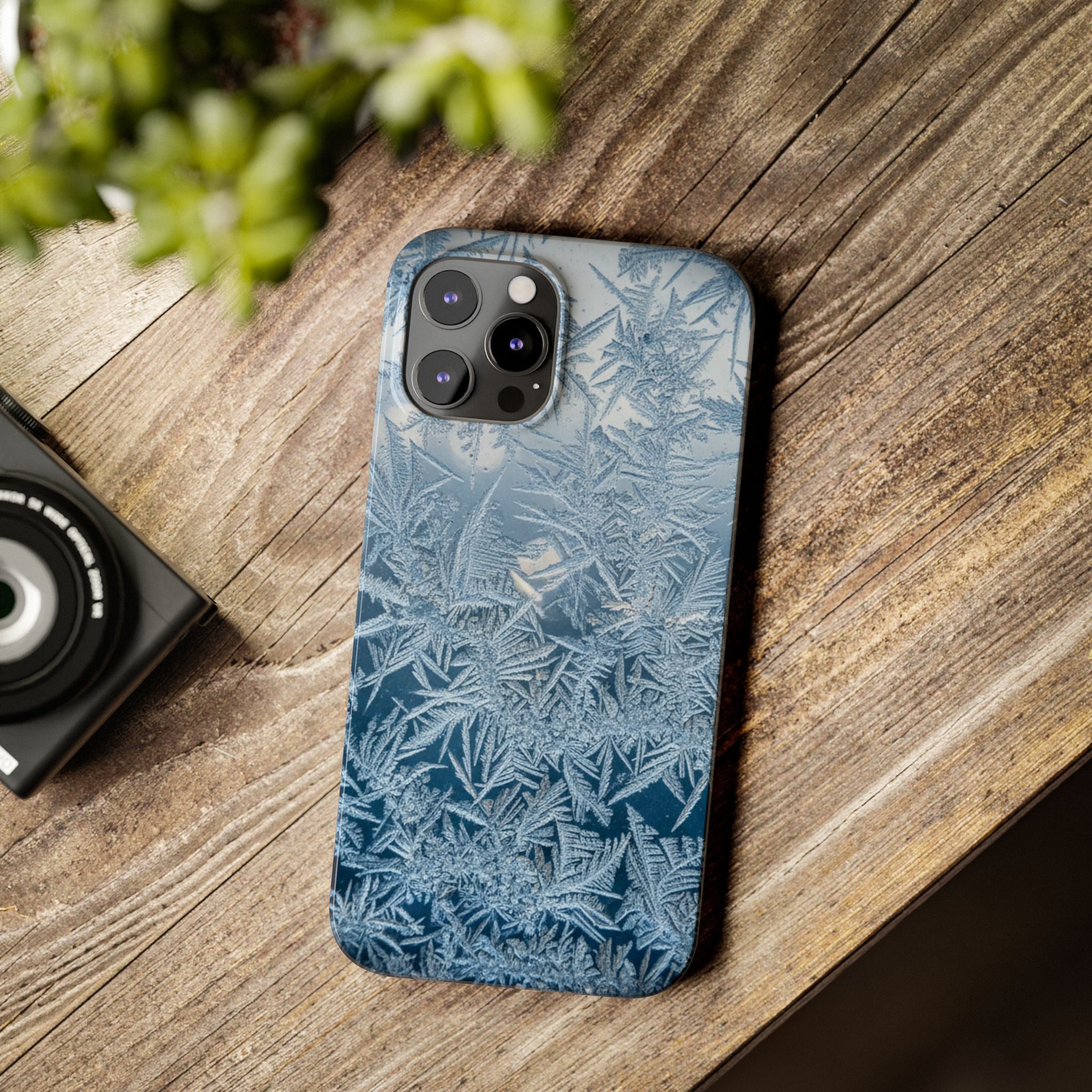 Frosted Window Macro Slim Phone Case — Blue Silver Ice Crystal Texture
