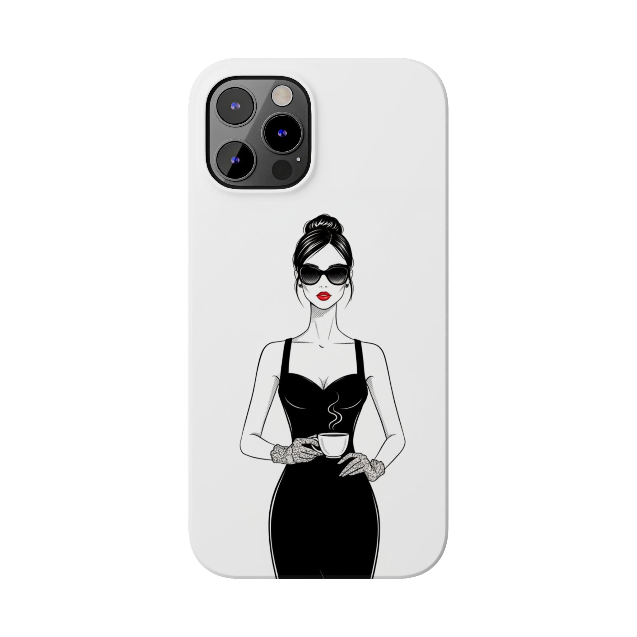 Chic High-Fashion Slim Phone Case — Black Dress Illustration with Red Lip Accent