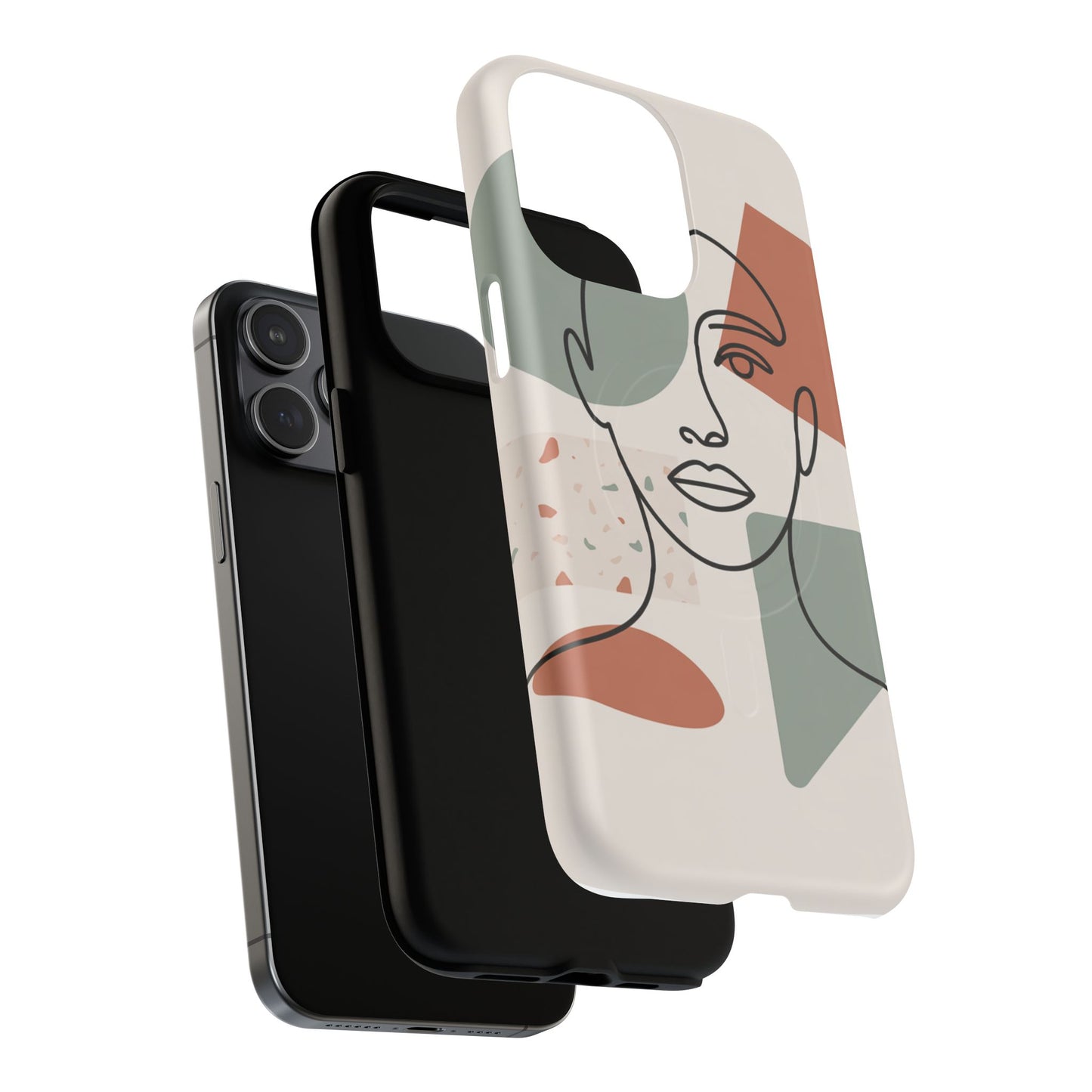 Phone Case - Minimalist Abstract Art Face Design - Sage Green and Terracotta Colors