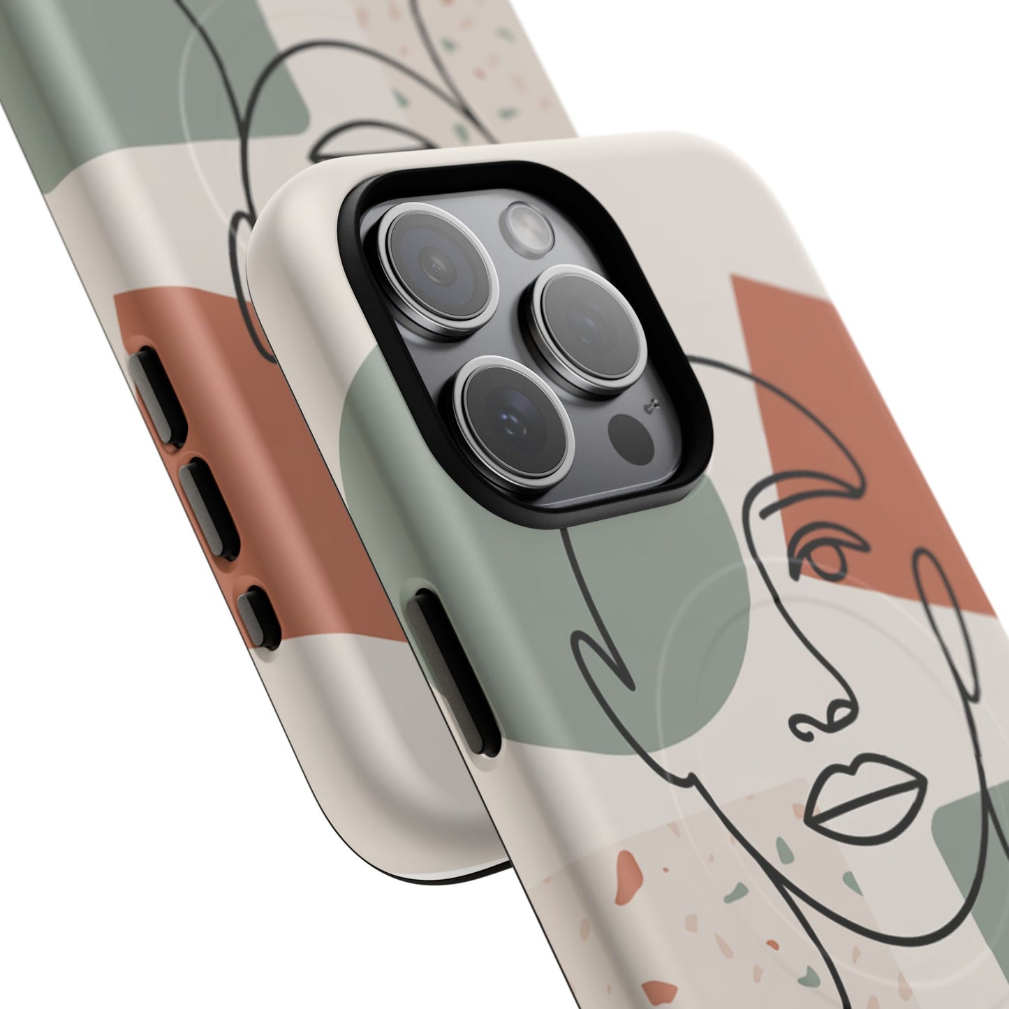 Phone Case - Minimalist Abstract Art Face Design - Sage Green and Terracotta Colors