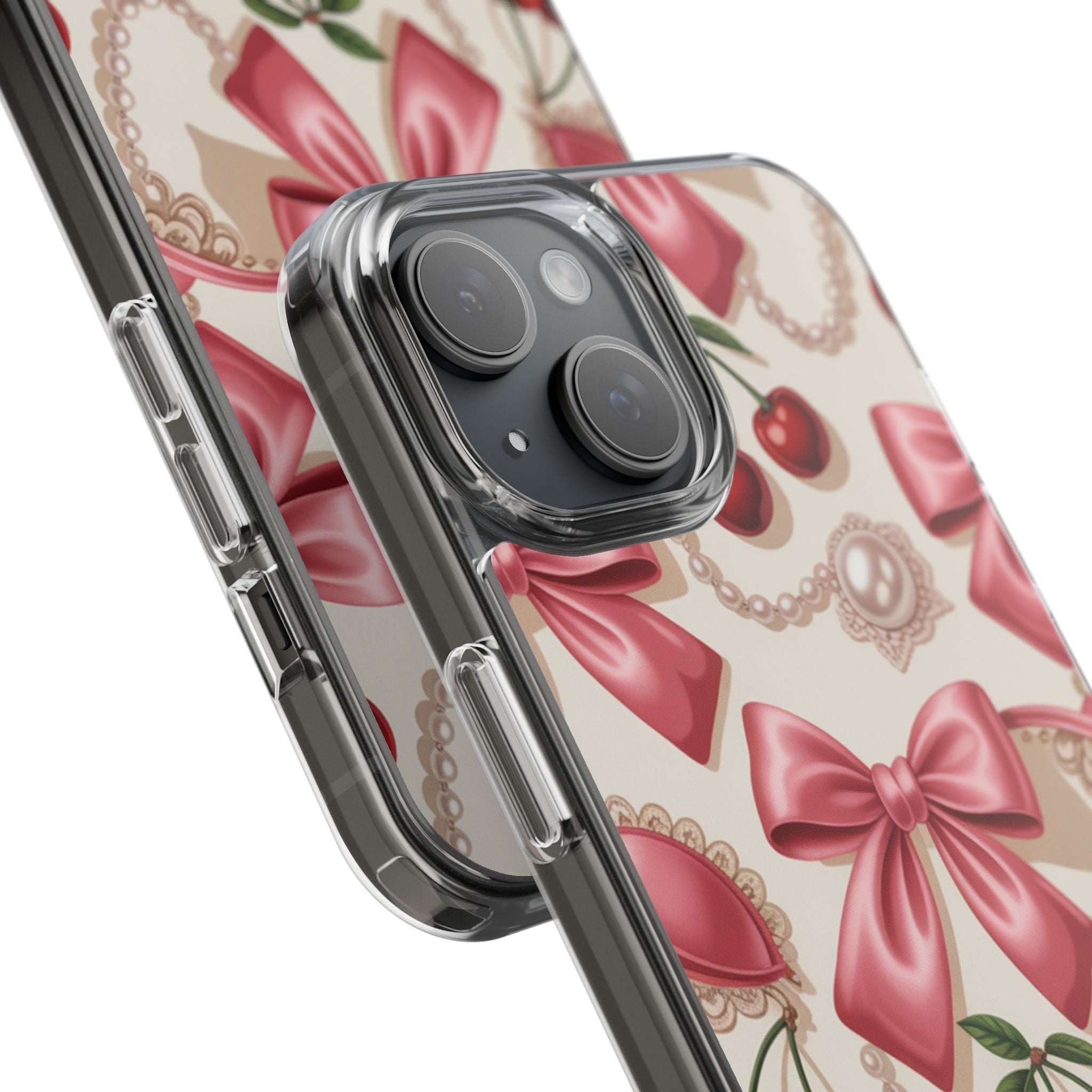 Phone Cases - Coquette Aesthetic Pattern with Pink Satin Bows, Pearls, and Cherries