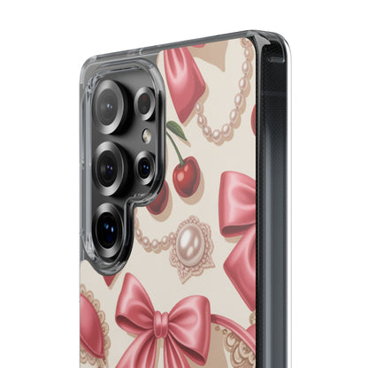Phone Cases - Coquette Aesthetic Pattern with Pink Satin Bows, Pearls, and Cherries