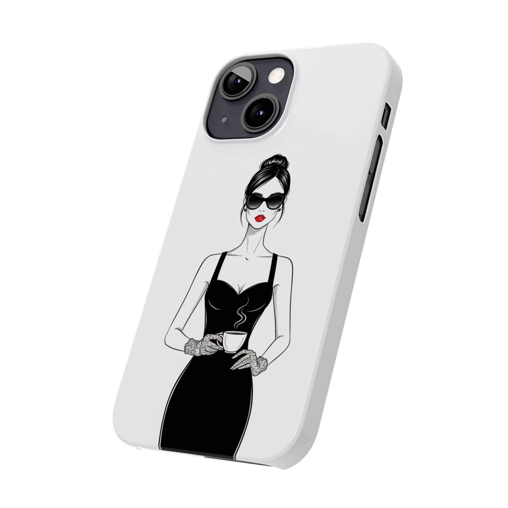 Chic High-Fashion Slim Phone Case — Black Dress Illustration with Red Lip Accent