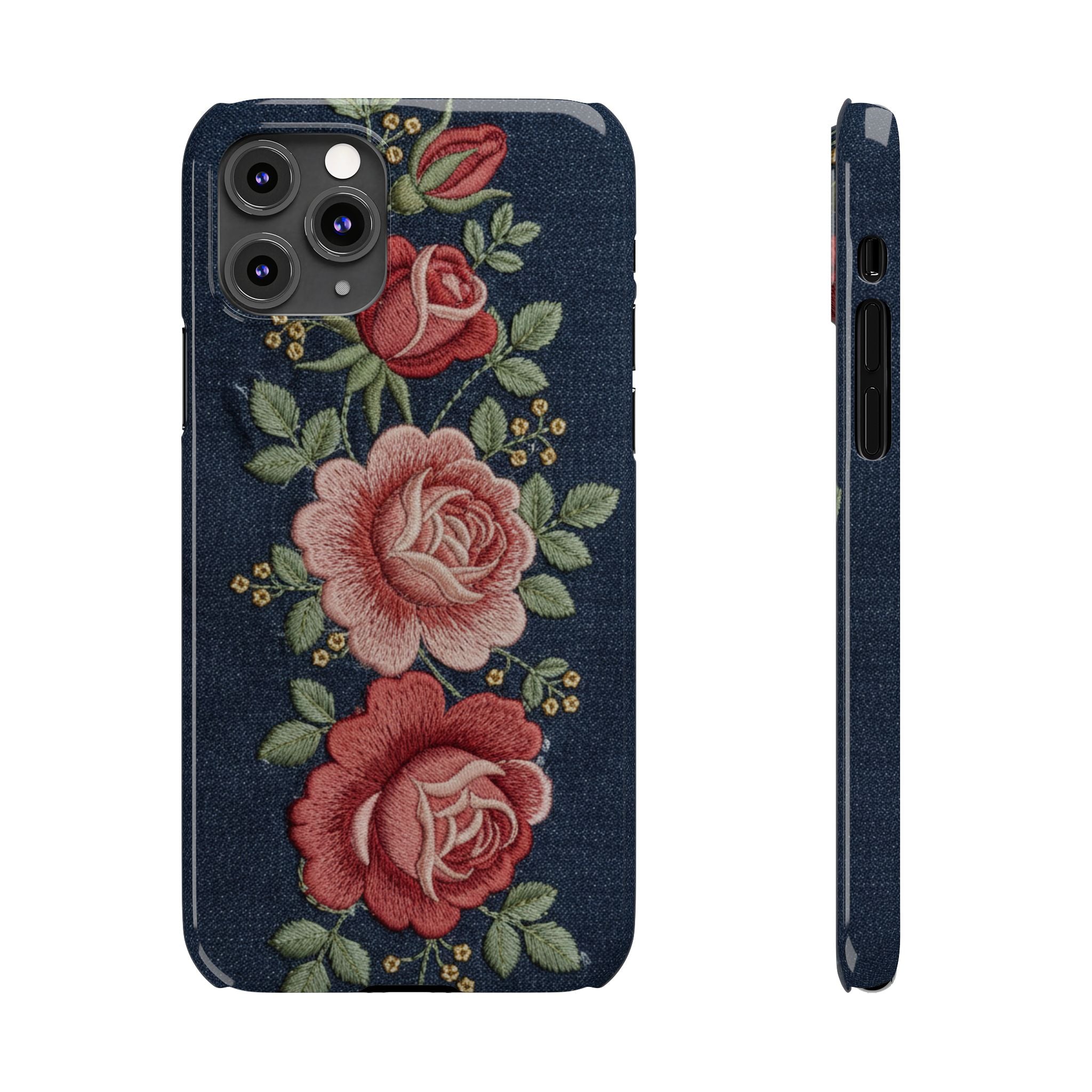 Denim Floral Embroidered Slim Phone Case — Stitched Roses & Vines