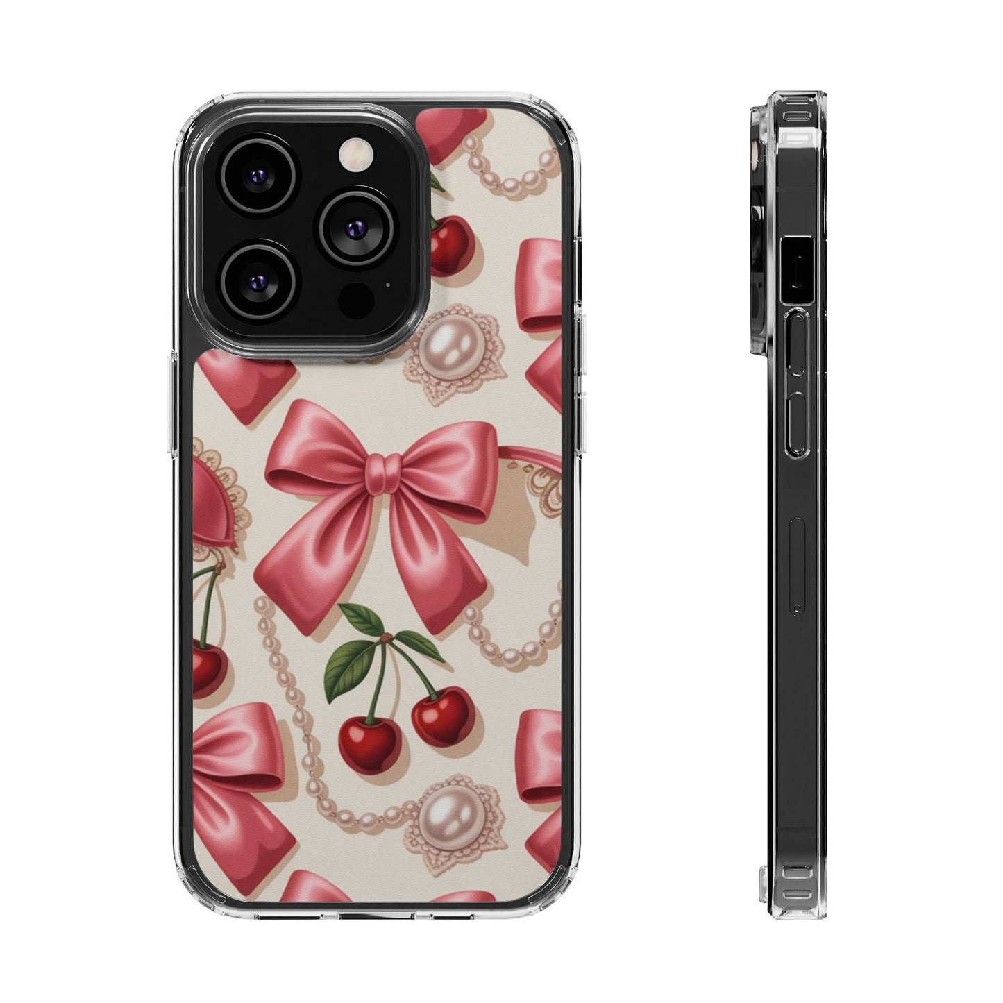 Phone Cases - Coquette Aesthetic Pattern with Pink Satin Bows, Pearls, and Cherries
