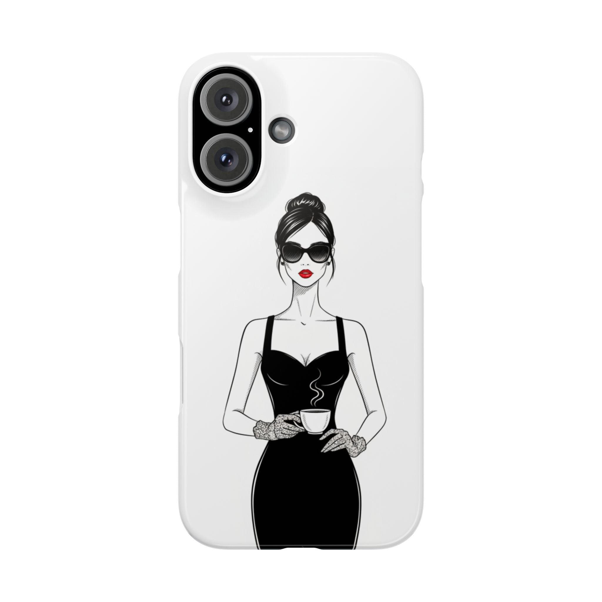 Chic High-Fashion Slim Phone Case — Black Dress Illustration with Red Lip Accent