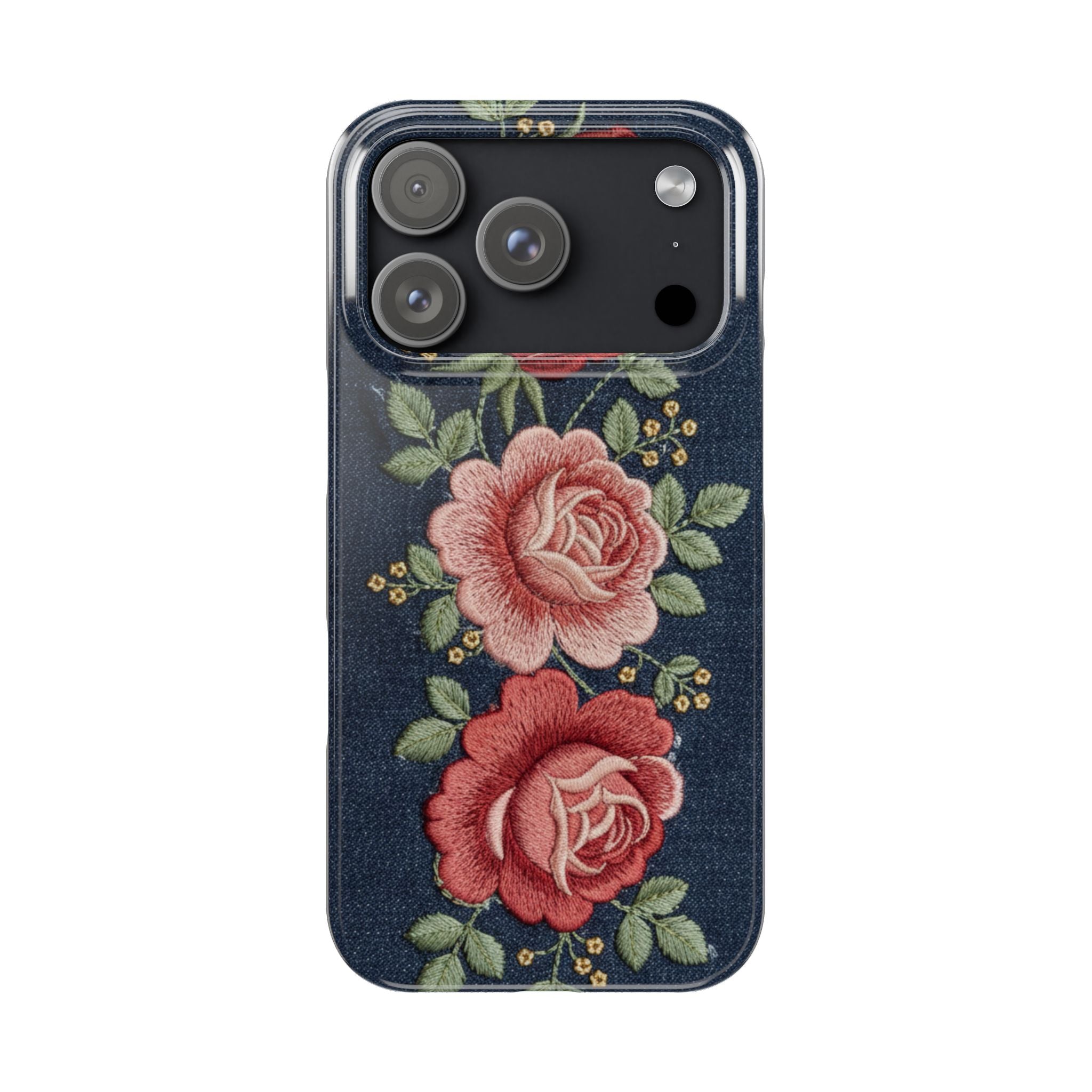 Denim Floral Embroidered Slim Phone Case — Stitched Roses & Vines