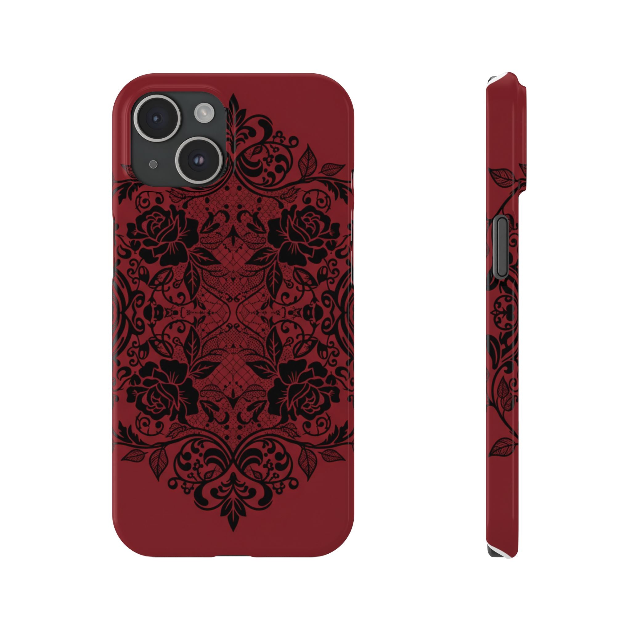 Gothic Lace Phone Case — Intricate Black Lace Over Deep Blood Red