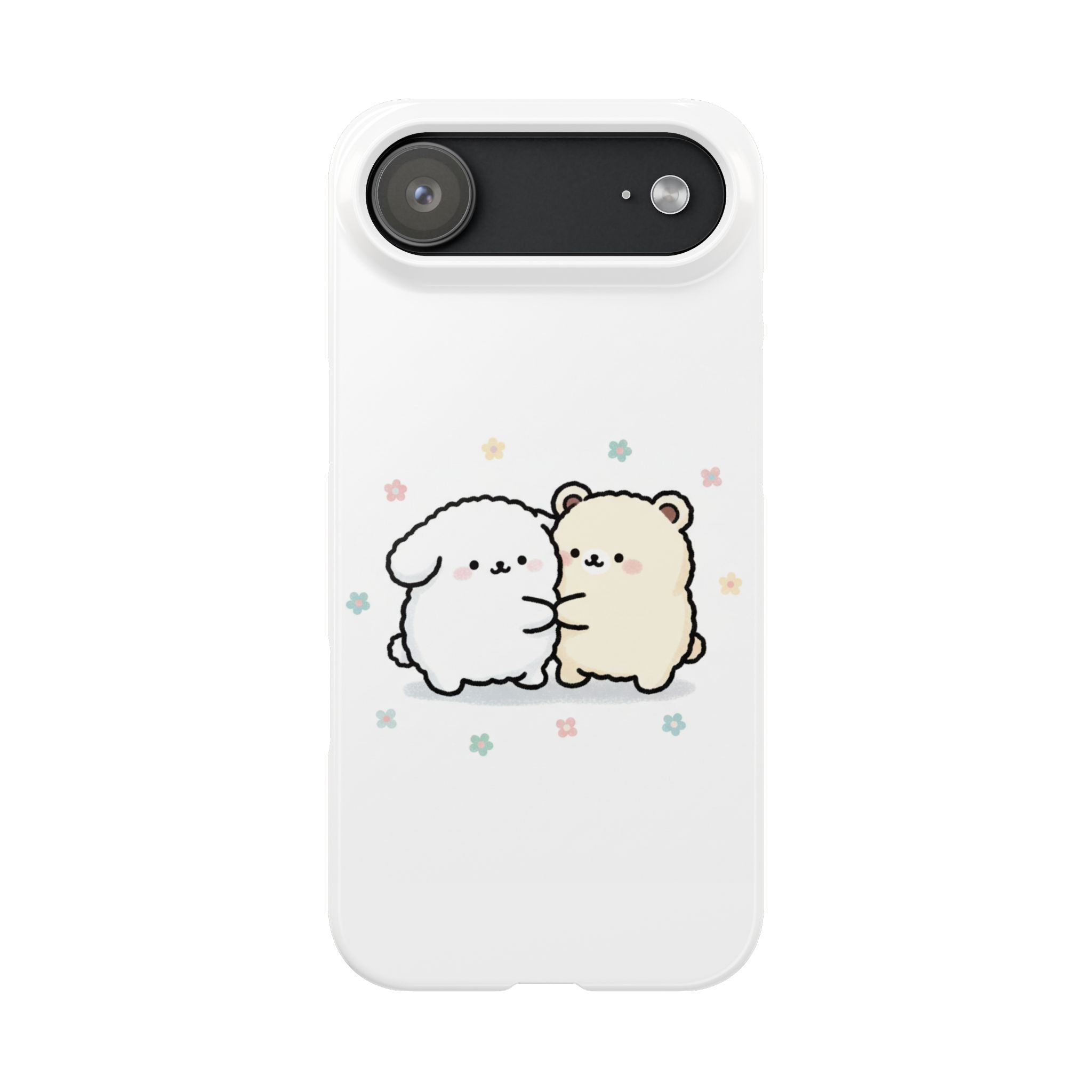 Kawaii Puppy & Bear Hug Slim Phone Case — Pastel Floral Cute Cozy Design