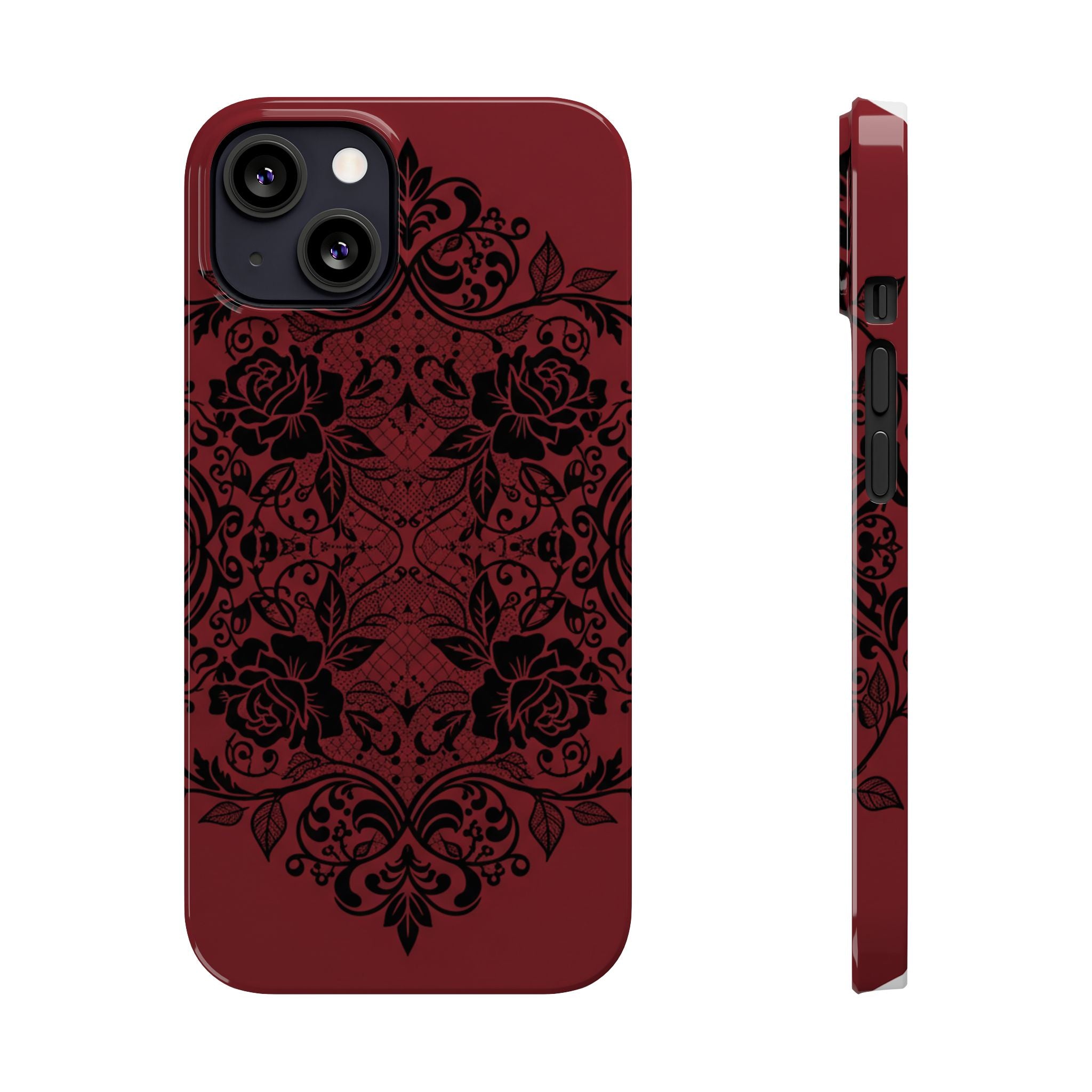 Gothic Lace Phone Case — Intricate Black Lace Over Deep Blood Red