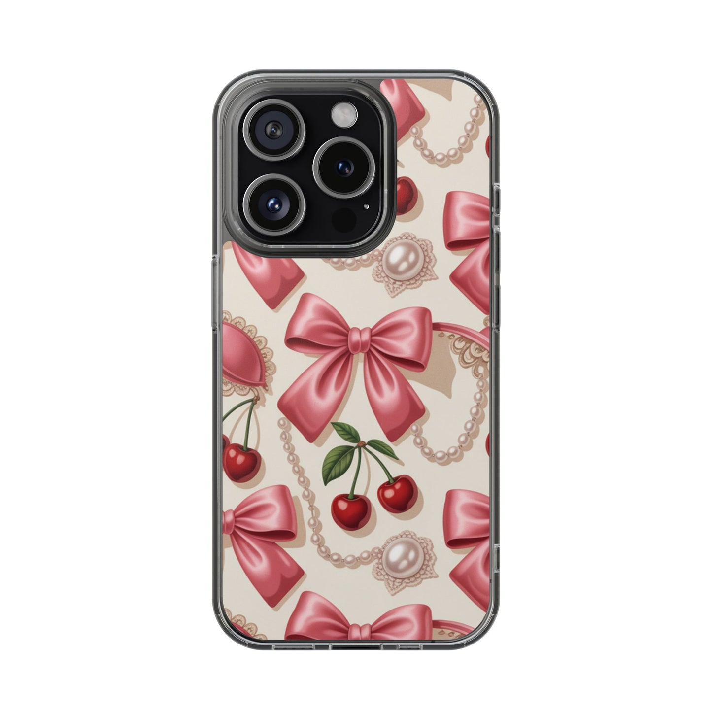 Phone Cases - Coquette Aesthetic Pattern with Pink Satin Bows, Pearls, and Cherries