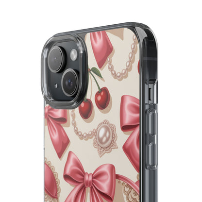 Phone Cases - Coquette Aesthetic Pattern with Pink Satin Bows, Pearls, and Cherries